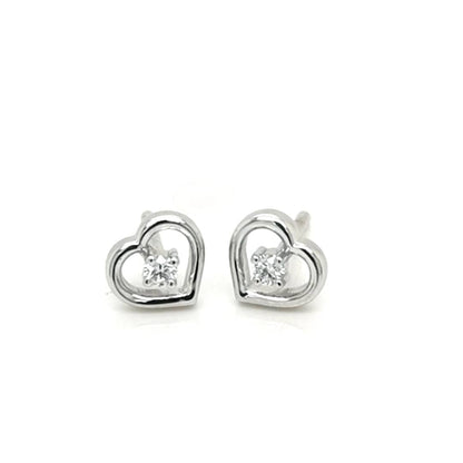 Solitaire Diamond Stud Earrings Set In Heart Shape In 18k White Gold.