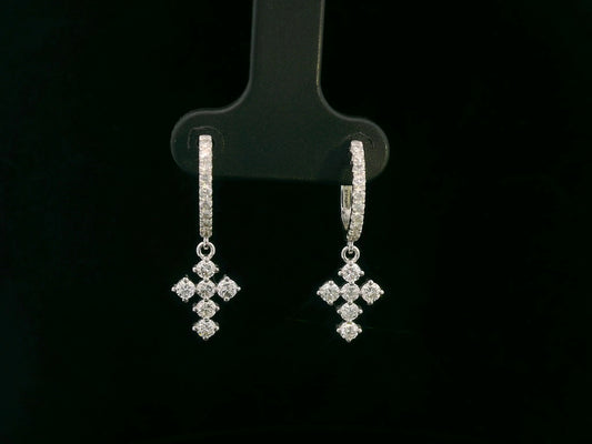 18K Gold Diamond Cross Hoop Earrings – 0.73 Carat Drop Earrings with Round Diamonds, Huggie Closure