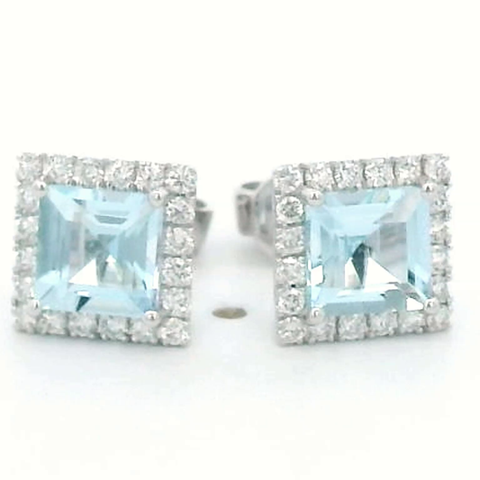 1.62 Carat Aquamarine With Diamond Halo Stud Earrings In 18k White Gold.