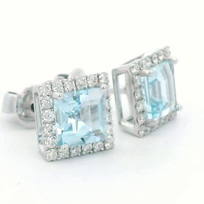 1.62 Carat Aquamarine With Diamond Halo Stud Earrings In 18k White Gold.