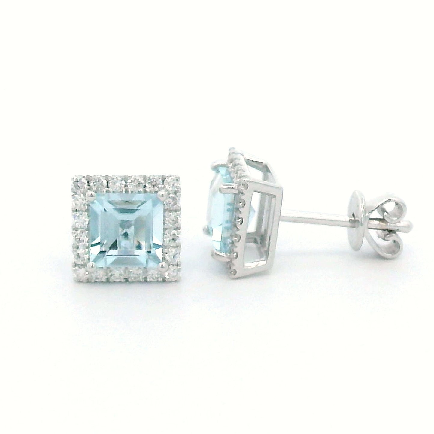 1.62 Carat Aquamarine With Diamond Halo Stud Earrings In 18k White Gold.