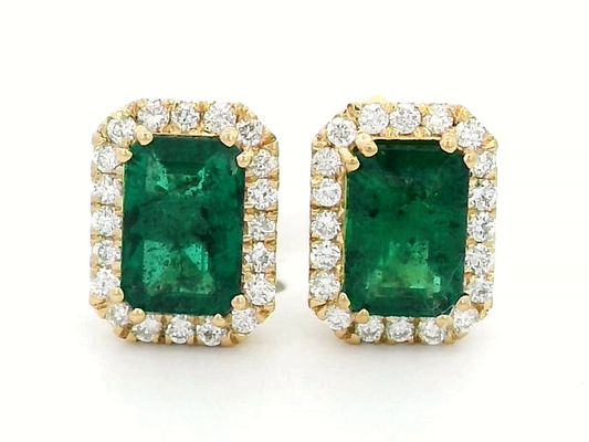 18k Gold Emerald Cut Earrings with 0.19 Carat Diamonds & 0.97 Carat Emeralds