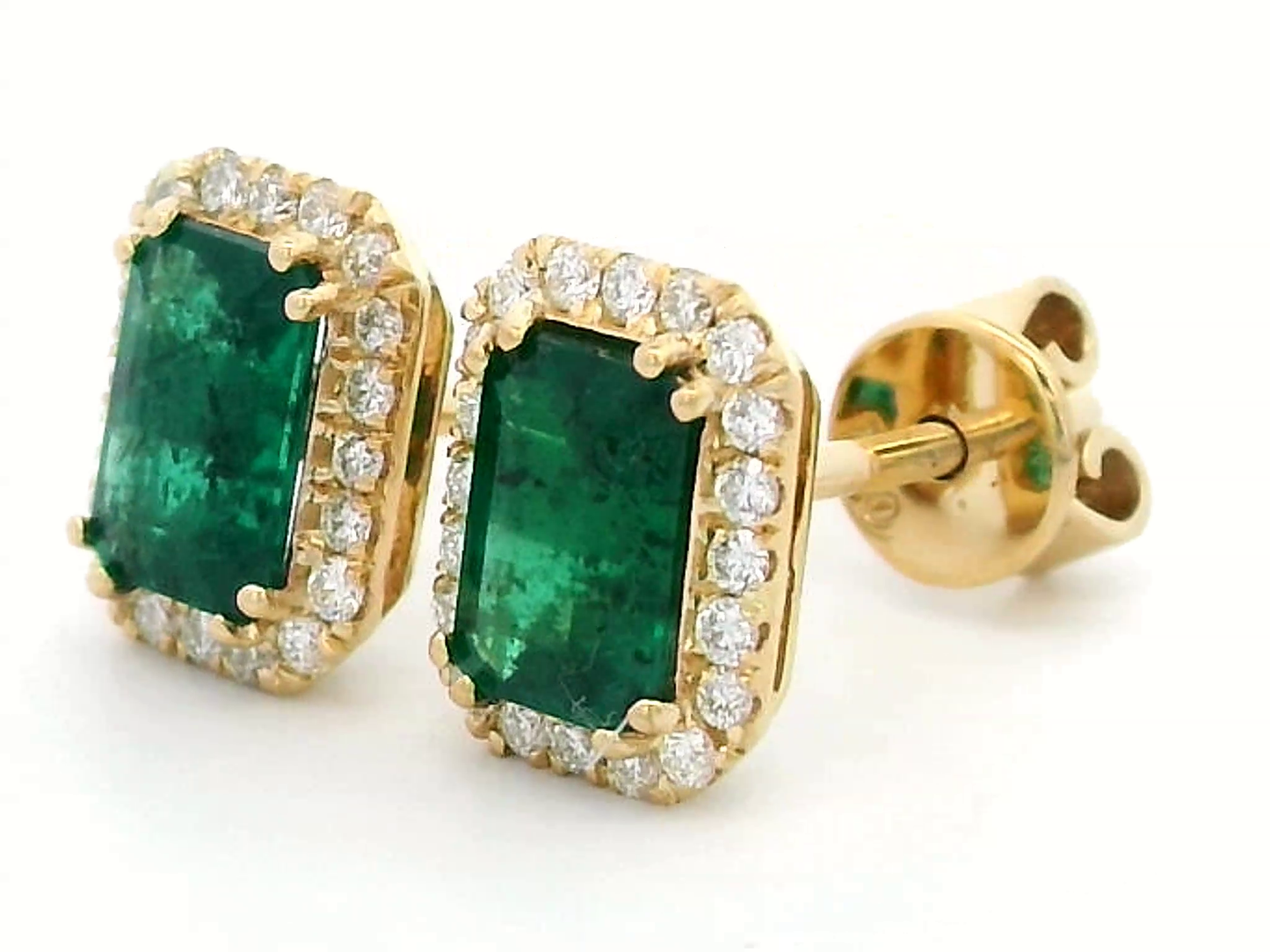 18k Gold Emerald Cut Earrings with 0.19 Carat Diamonds & 0.97 Carat Emeralds