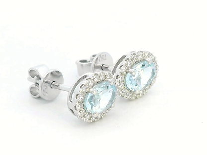 18k White Gold Aquamarine & Diamond Halo Stud Earrings