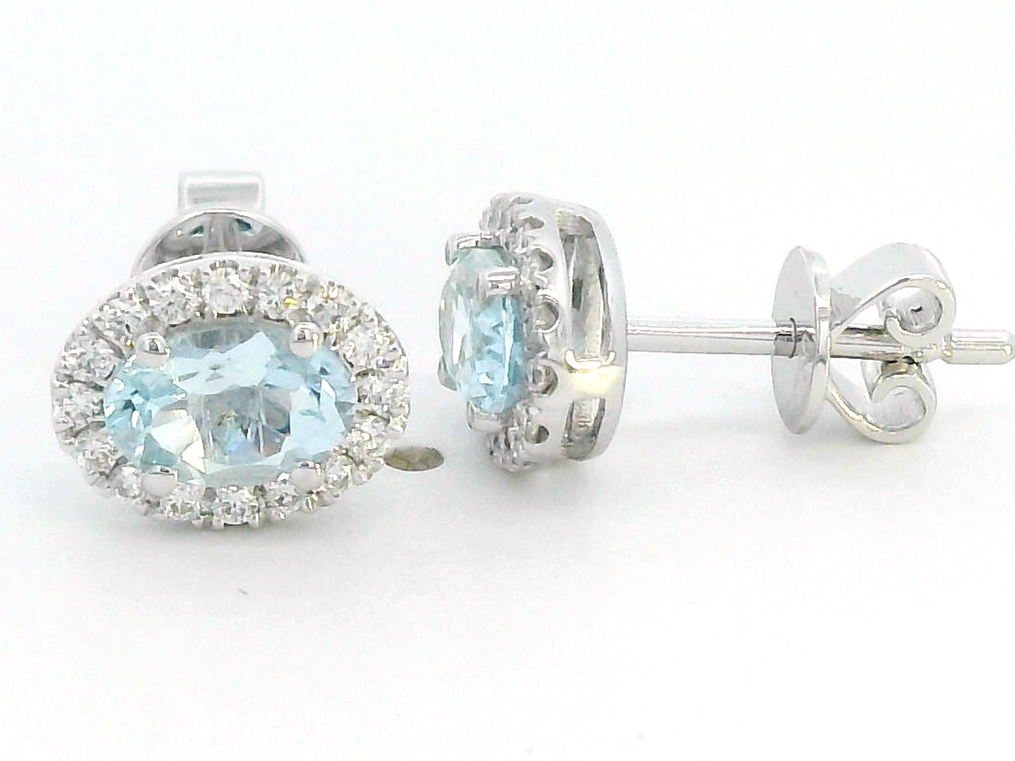 18k White Gold Aquamarine & Diamond Halo Stud Earrings