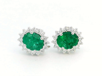 Oval Emerald Stud Earrings With Diana-Inspired Halo In 18k Gold