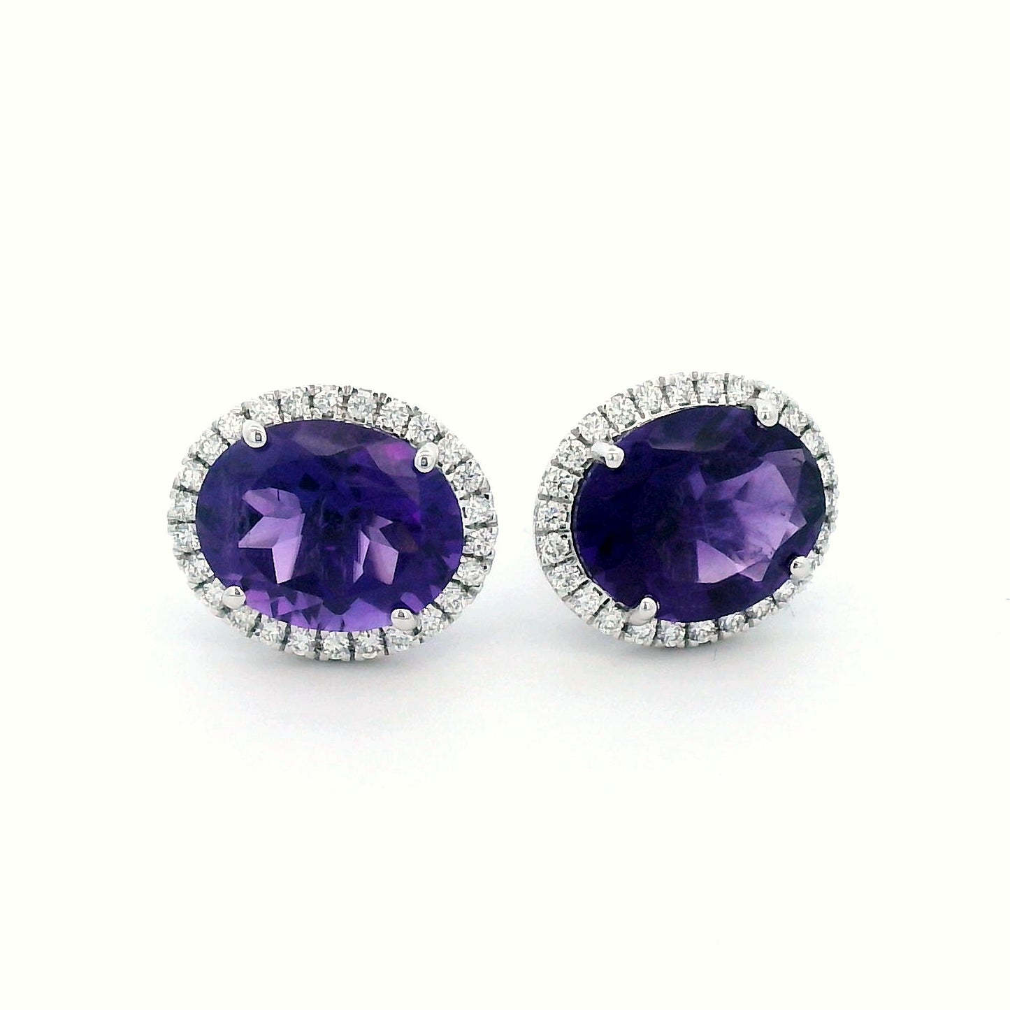 18K Gold Oval Amethyst with Diamond Halo Earrings