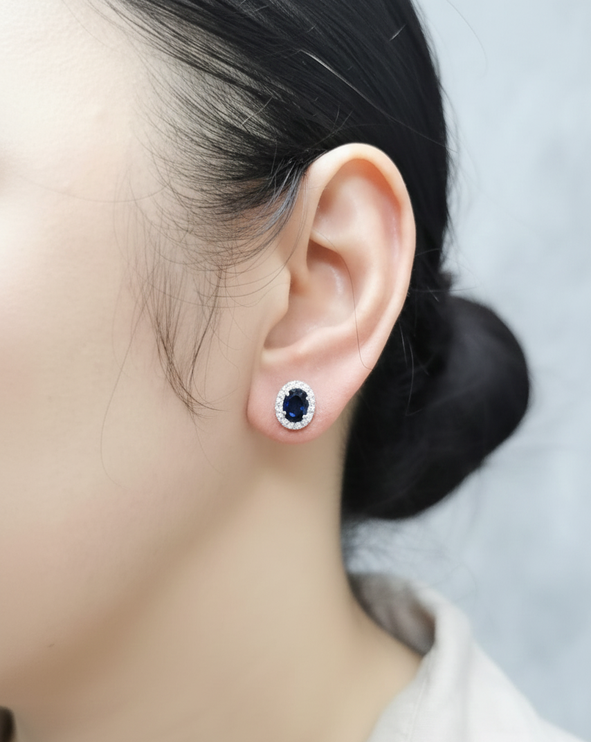 18K white gold oval blue sapphire and diamond halo stud earrings, 2.21ct total – Emirates Diamonds