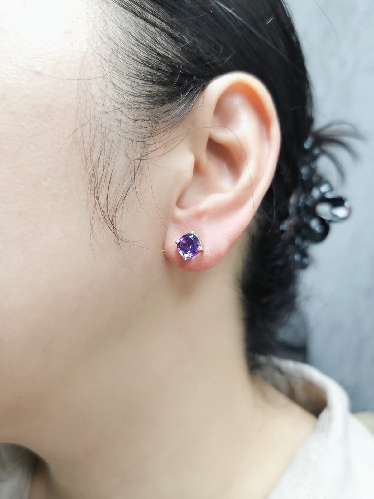 February Birthstone, Amethyst Stud Earrings In 18k White Gold.