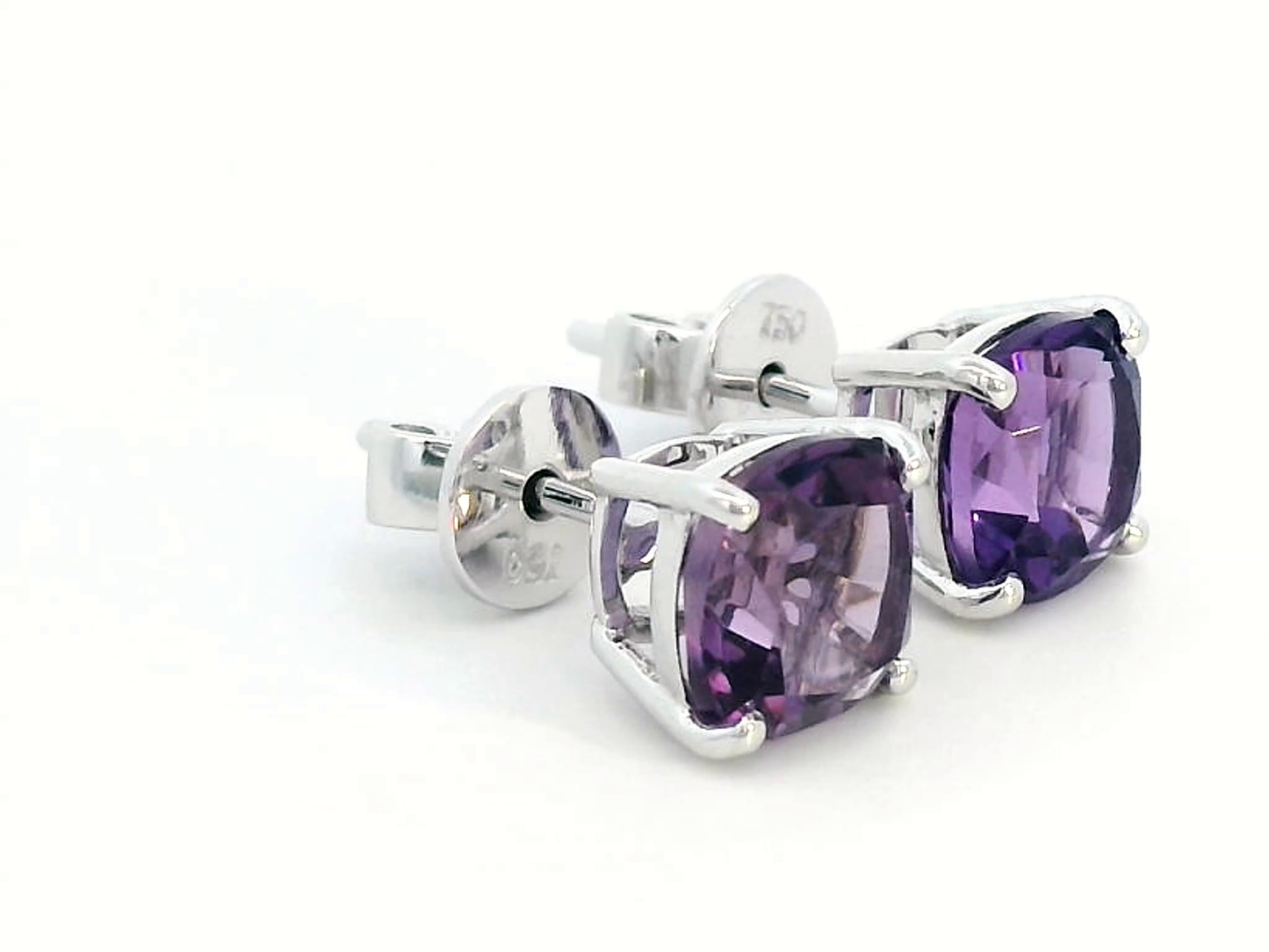 February Birthstone, Amethyst Stud Earrings In 18k White Gold.