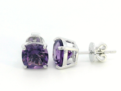 February Birthstone, Amethyst Stud Earrings In 18k White Gold.