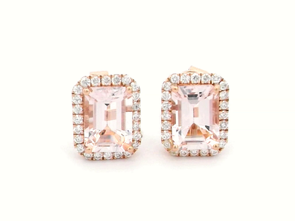 Elegant 18k Gold, Peachy Pink Morganite And Diamond Halo Earrings.