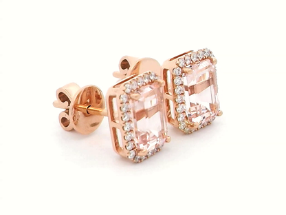 Elegant 18k Gold, Peachy Pink Morganite And Diamond Halo Earrings.