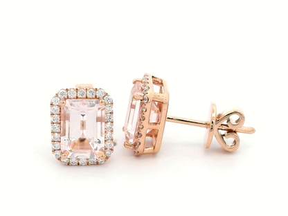 Elegant 18k Gold, Peachy Pink Morganite And Diamond Halo Earrings.