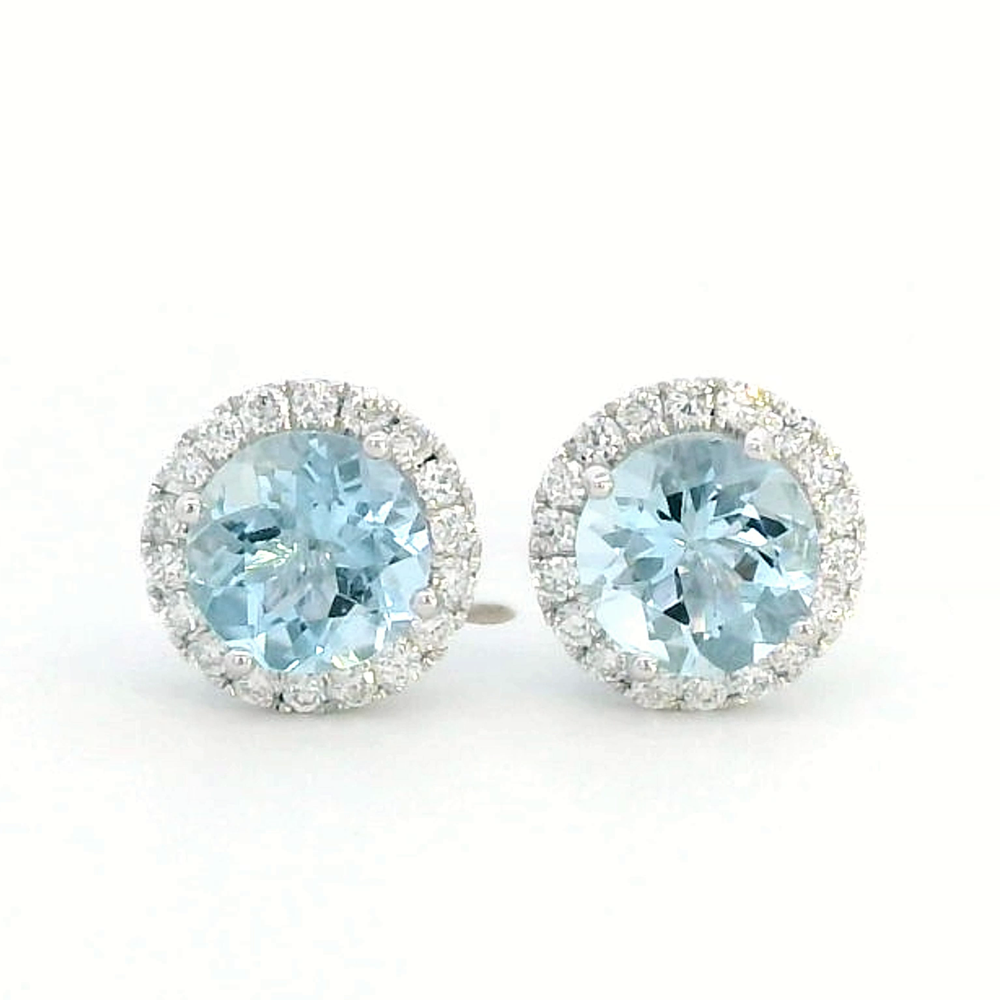 18K Gold Aquamarine & Diamond Halo Earrings .