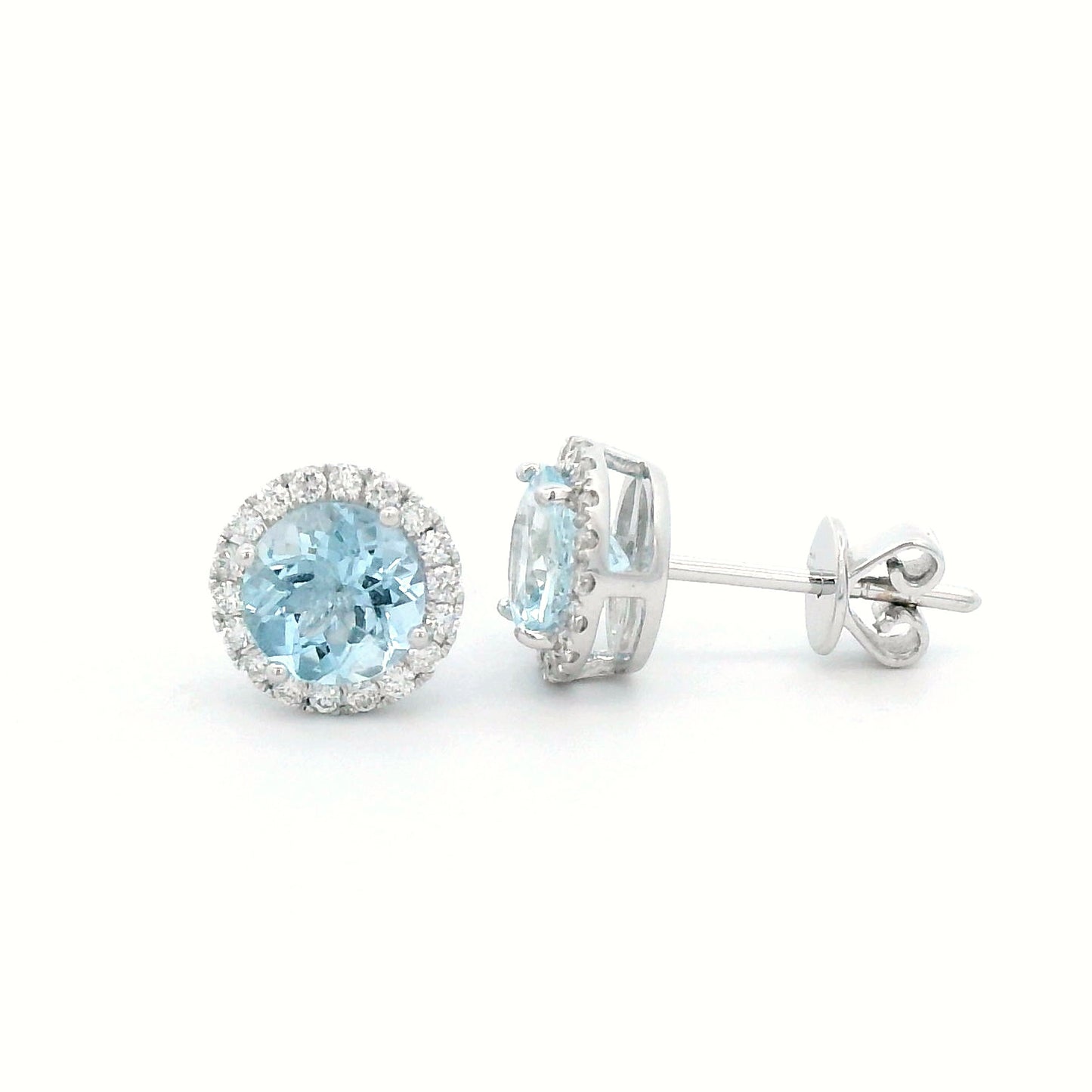 18K Gold Aquamarine & Diamond Halo Earrings .