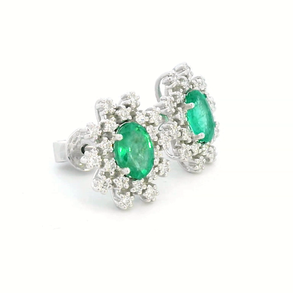 18k White Gold Oval Emerald and Diamond Starburst Stud Earrings.