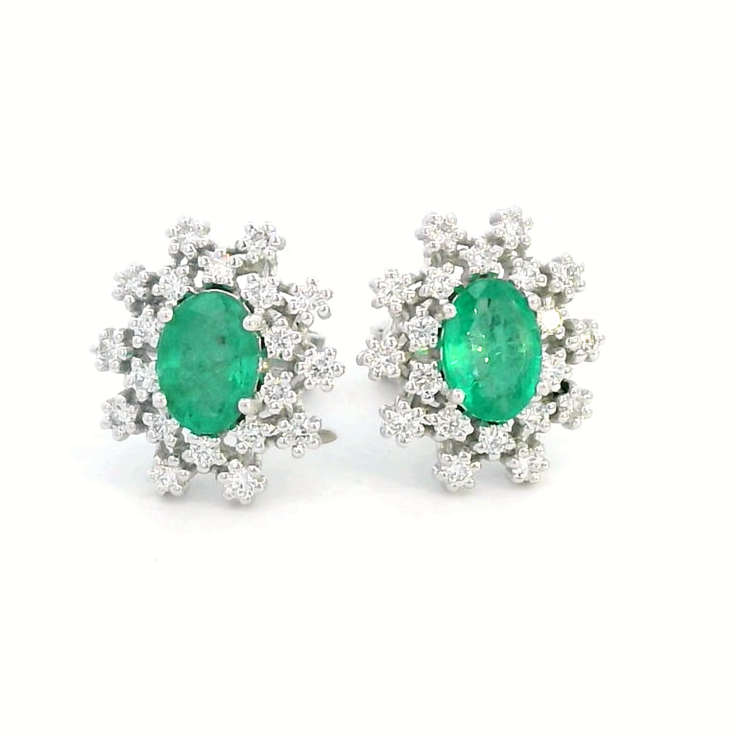 18k White Gold Oval Emerald and Diamond Starburst Stud Earrings.