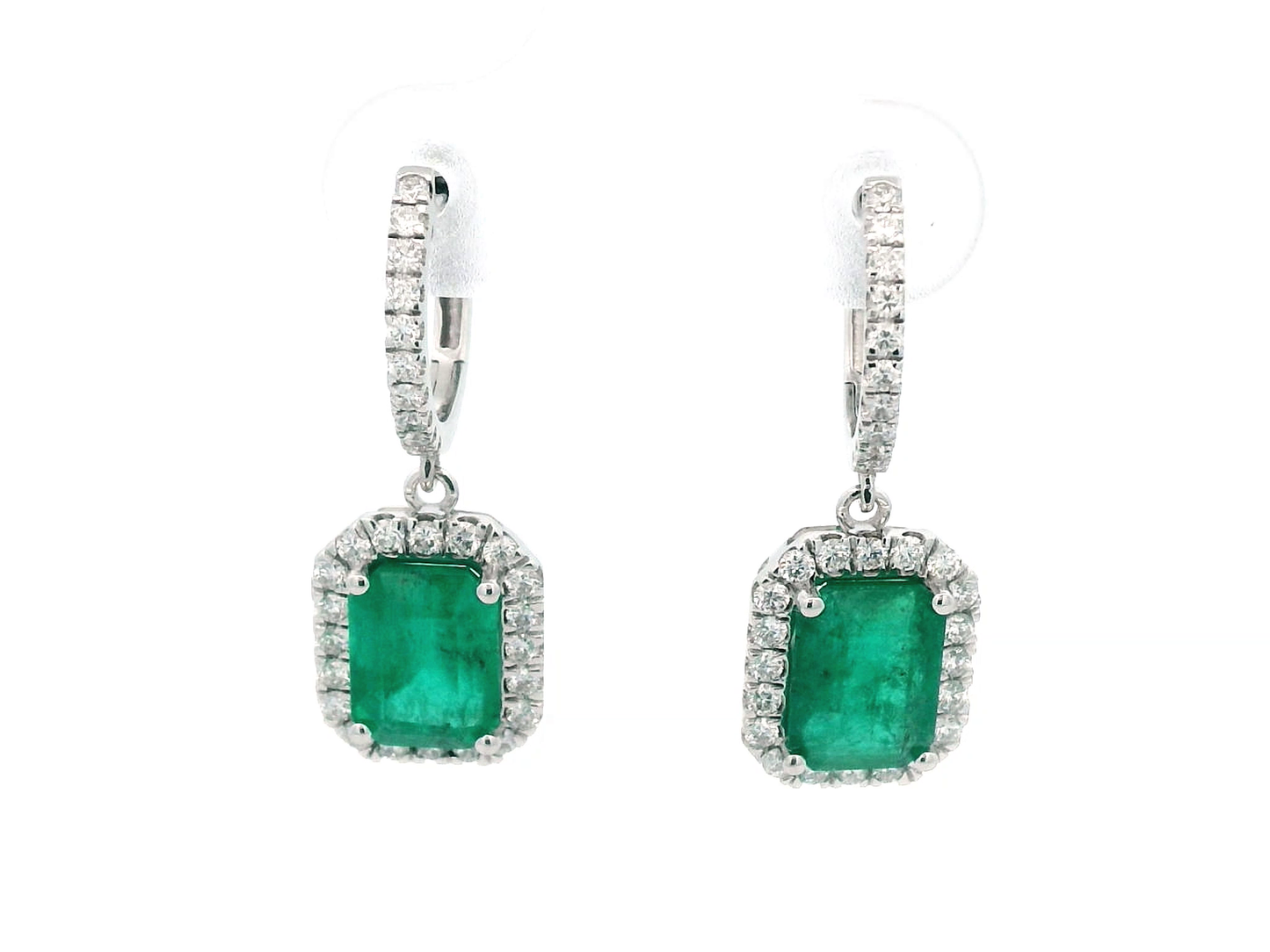 Elegant 18k White Gold Emerald & Diamond Drop Earrings