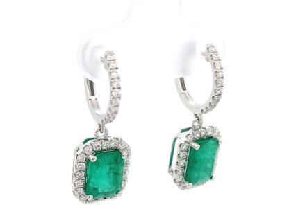 Elegant 18k White Gold Emerald & Diamond Drop Earrings