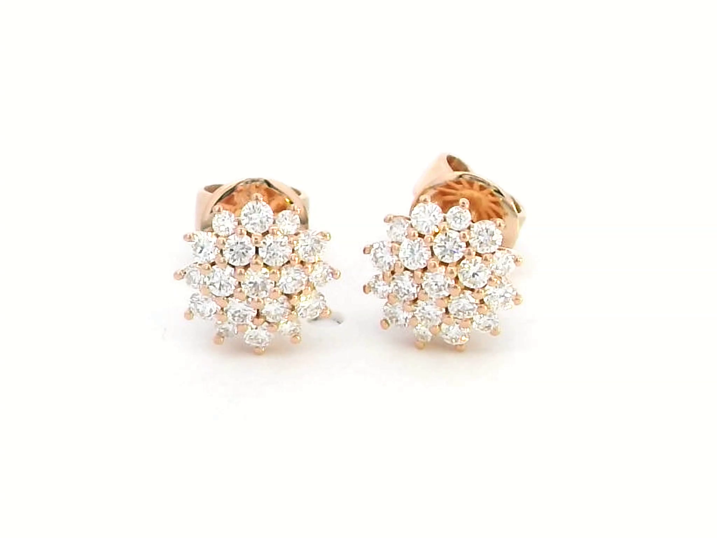 Elegant 18K rose gold diamond cluster stud earrings featuring 0.30 carats of round-cut diamonds, secured with butterfly push-backs."