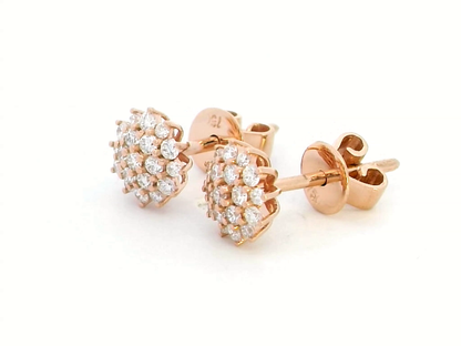 Elegant 18K rose gold diamond cluster stud earrings featuring 0.30 carats of round-cut diamonds, secured with butterfly push-backs."