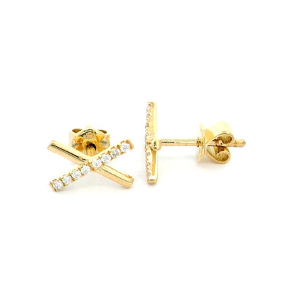 18K Yellow Gold X-Design Earrings with Diamond Accent | Unisex & Diamond-Studded