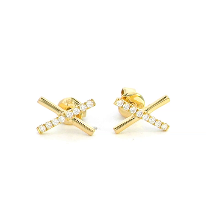 18K Yellow Gold X-Design Earrings with Diamond Accent | Unisex & Diamond-Studded