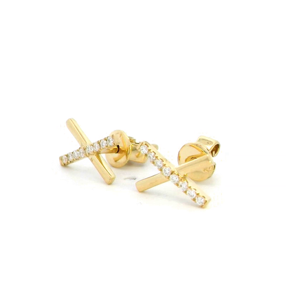 18K Yellow Gold X-Design Earrings with Diamond Accent | Unisex & Diamond-Studded