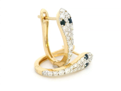 Nature-Inspired 18K Gold Snake Hoop Earrings with Diamonds & Sapphires