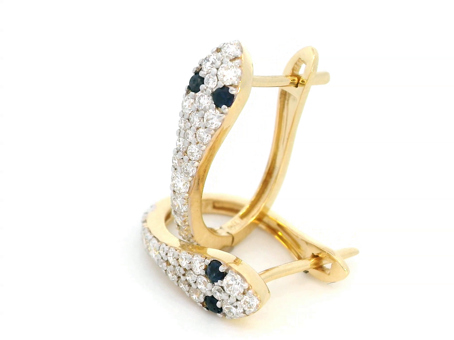 Nature-Inspired 18K Gold Snake Hoop Earrings with Diamonds & Sapphires