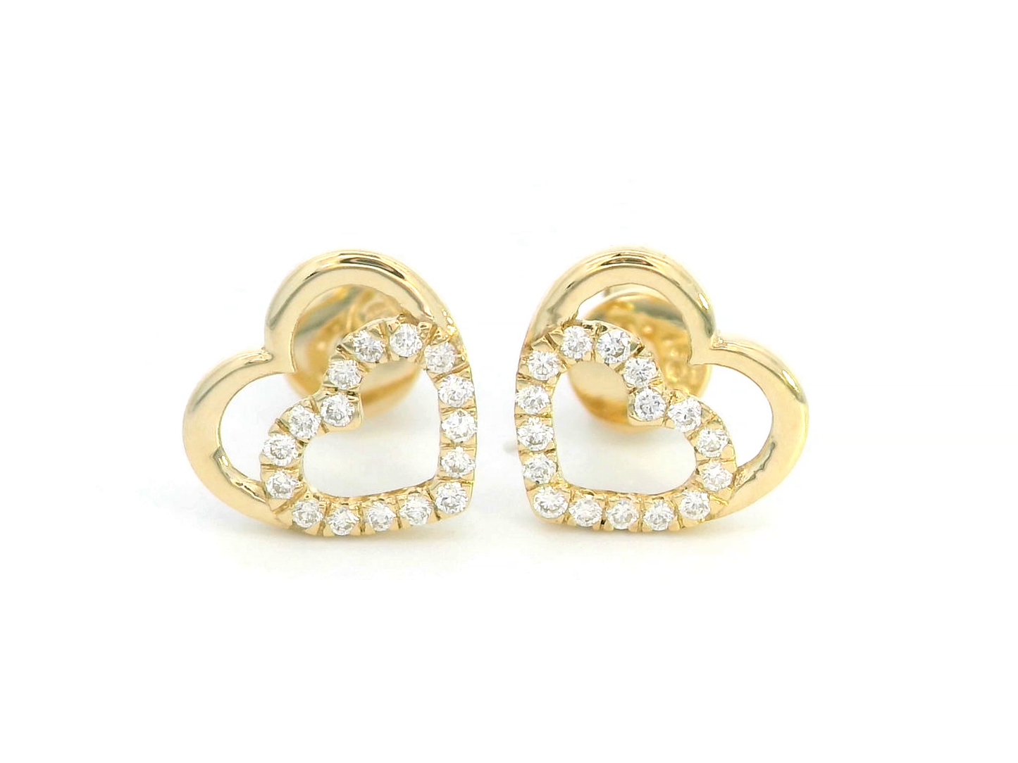 18K Yellow Gold Double Heart Earrings with 0.15 Carat Diamonds