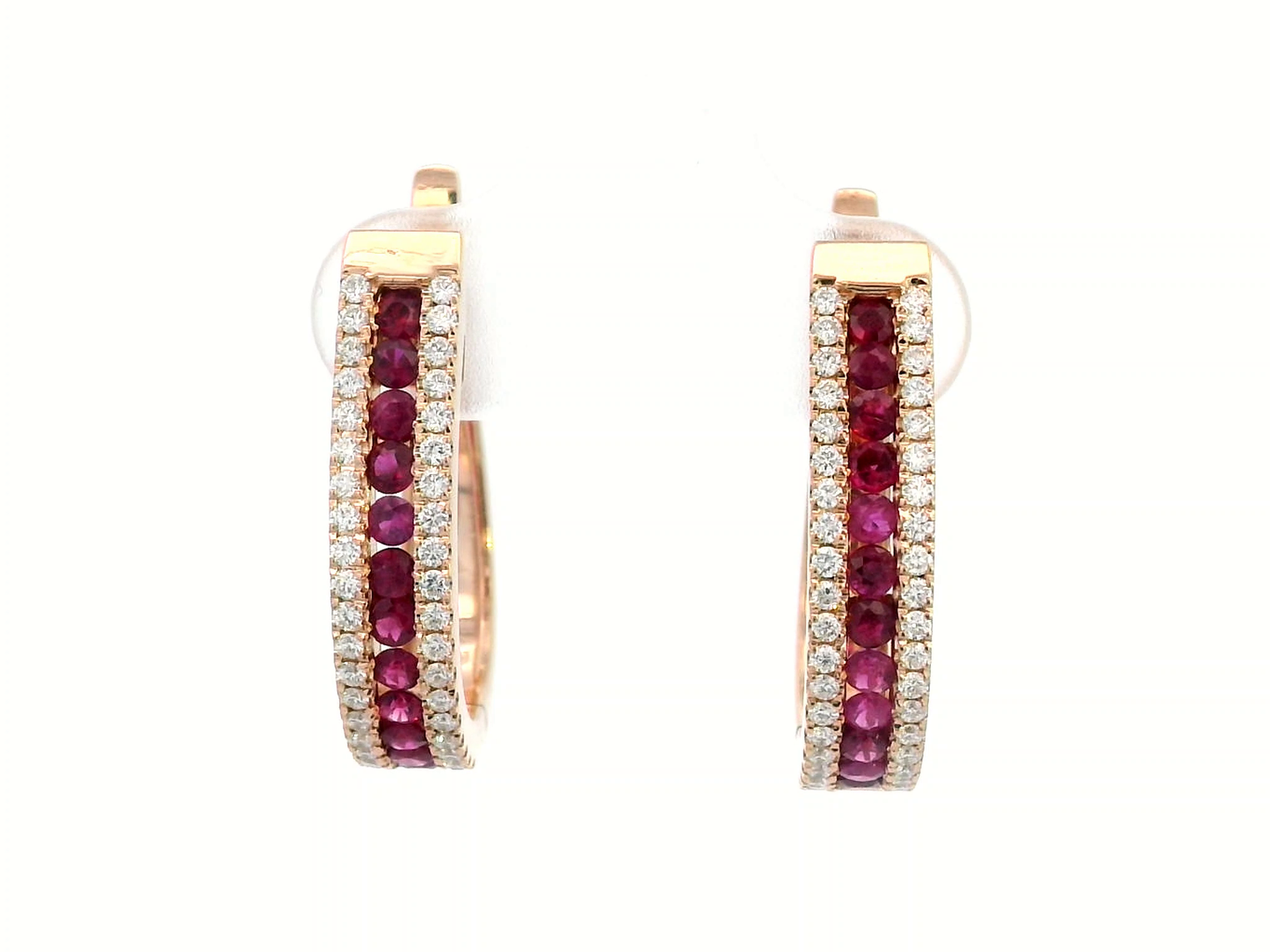 18k Rose Gold Ruby and Diamond Hoop Earrings – 0.86ct Rubies & 0.43ct Diamonds