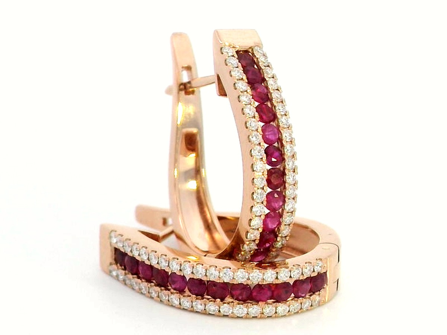 18k Rose Gold Ruby and Diamond Hoop Earrings – 0.86ct Rubies & 0.43ct Diamonds