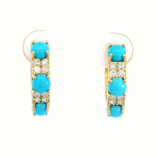 18K yellow gold turquoise and diamond hoop earrings with round turquoise cabochons and diamond accents