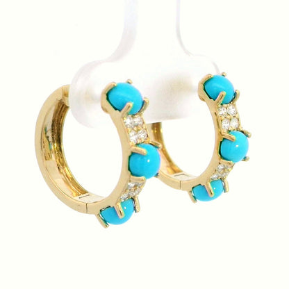 18K Yellow Gold Turquoise and Diamond Hoop Earrings