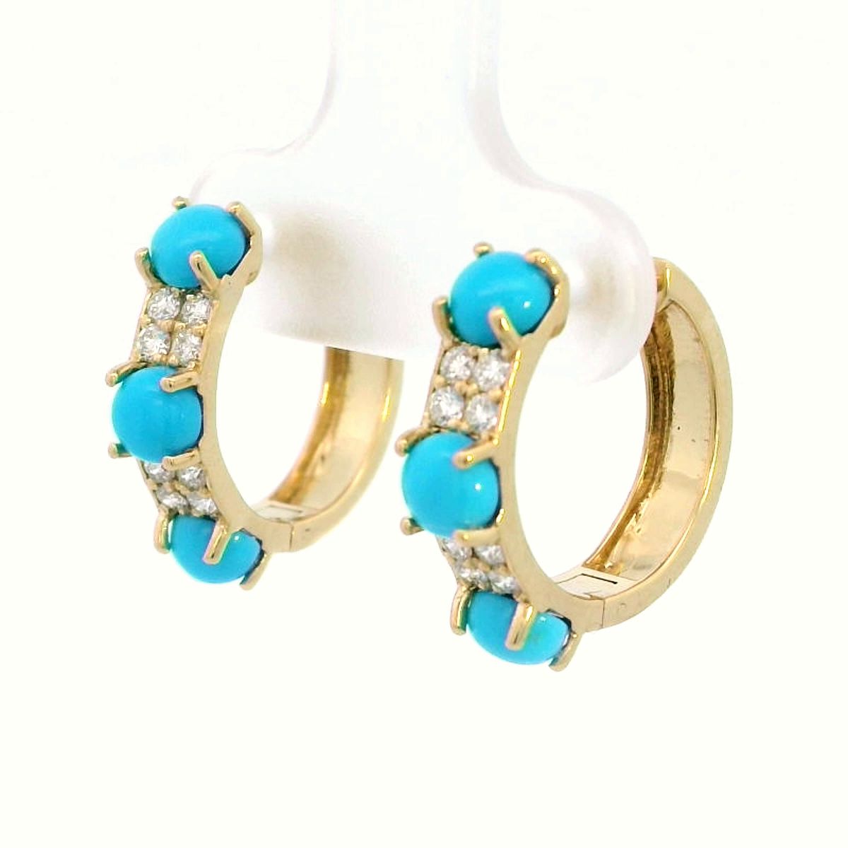 18K Yellow Gold Turquoise and Diamond Hoop Earrings