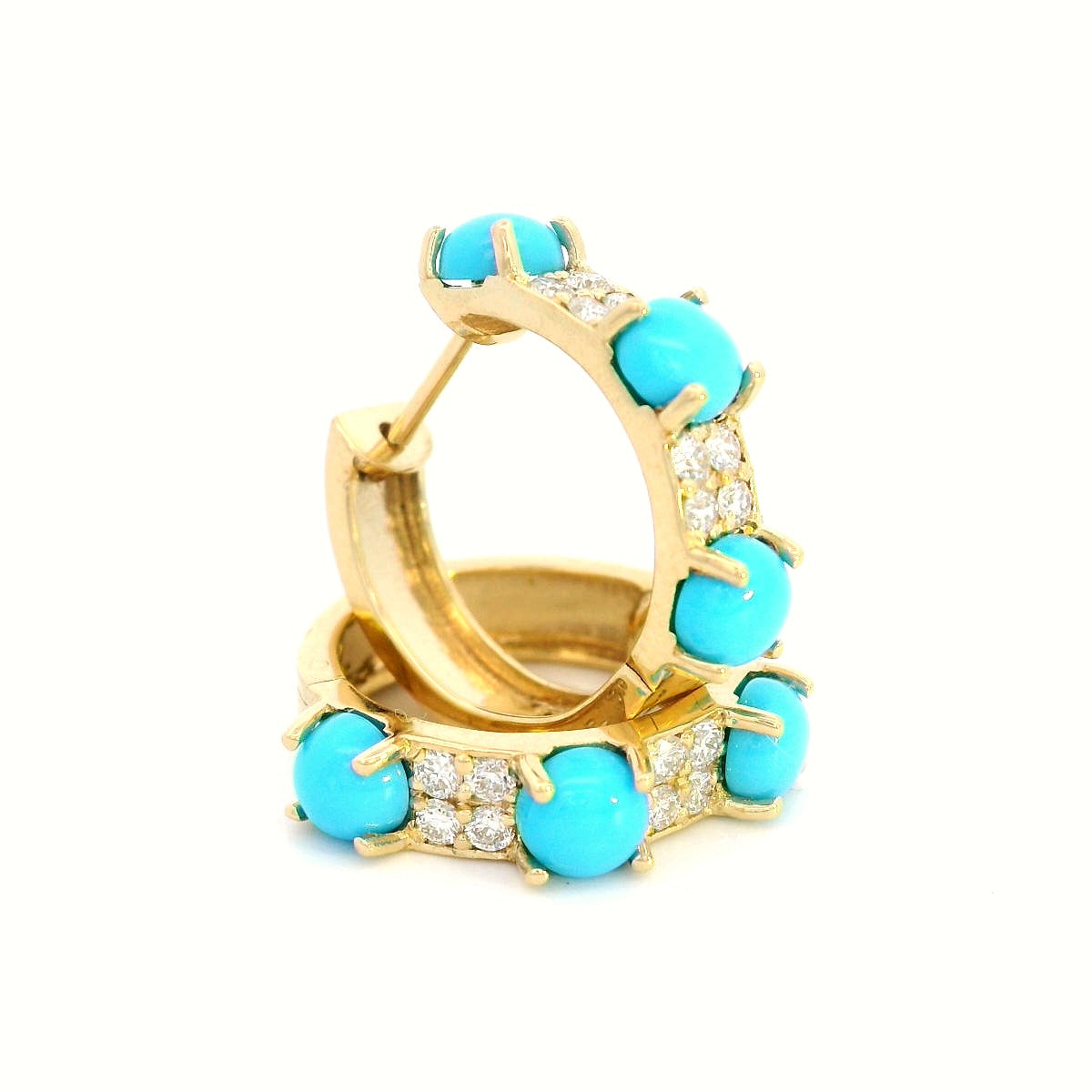 18K Yellow Gold Turquoise and Diamond Hoop Earrings