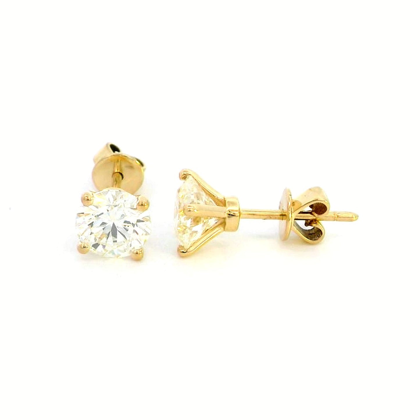 18K Yellow Gold Solitaire Diamond Earrings with 2.02 Carat Round Cut Diamonds