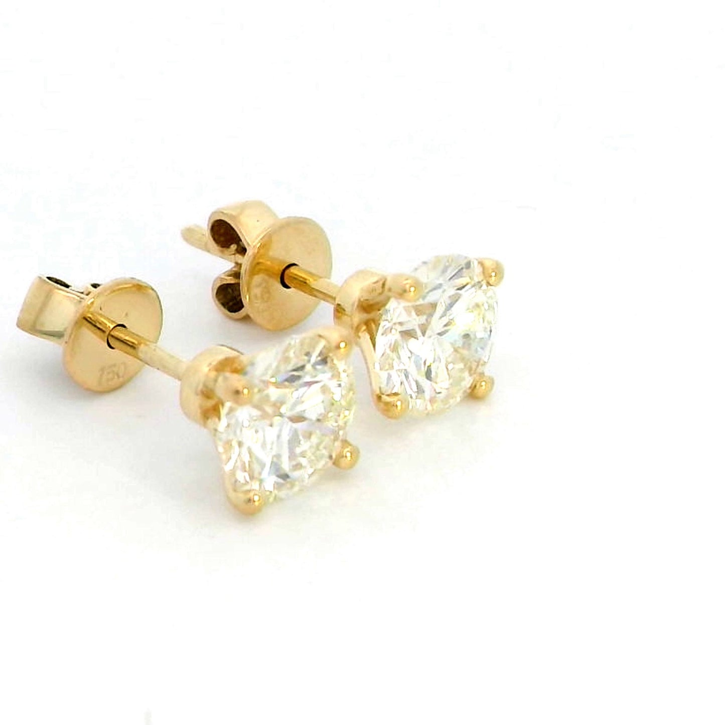 18K Yellow Gold Solitaire Diamond Earrings with 2.02 Carat Round Cut Diamonds