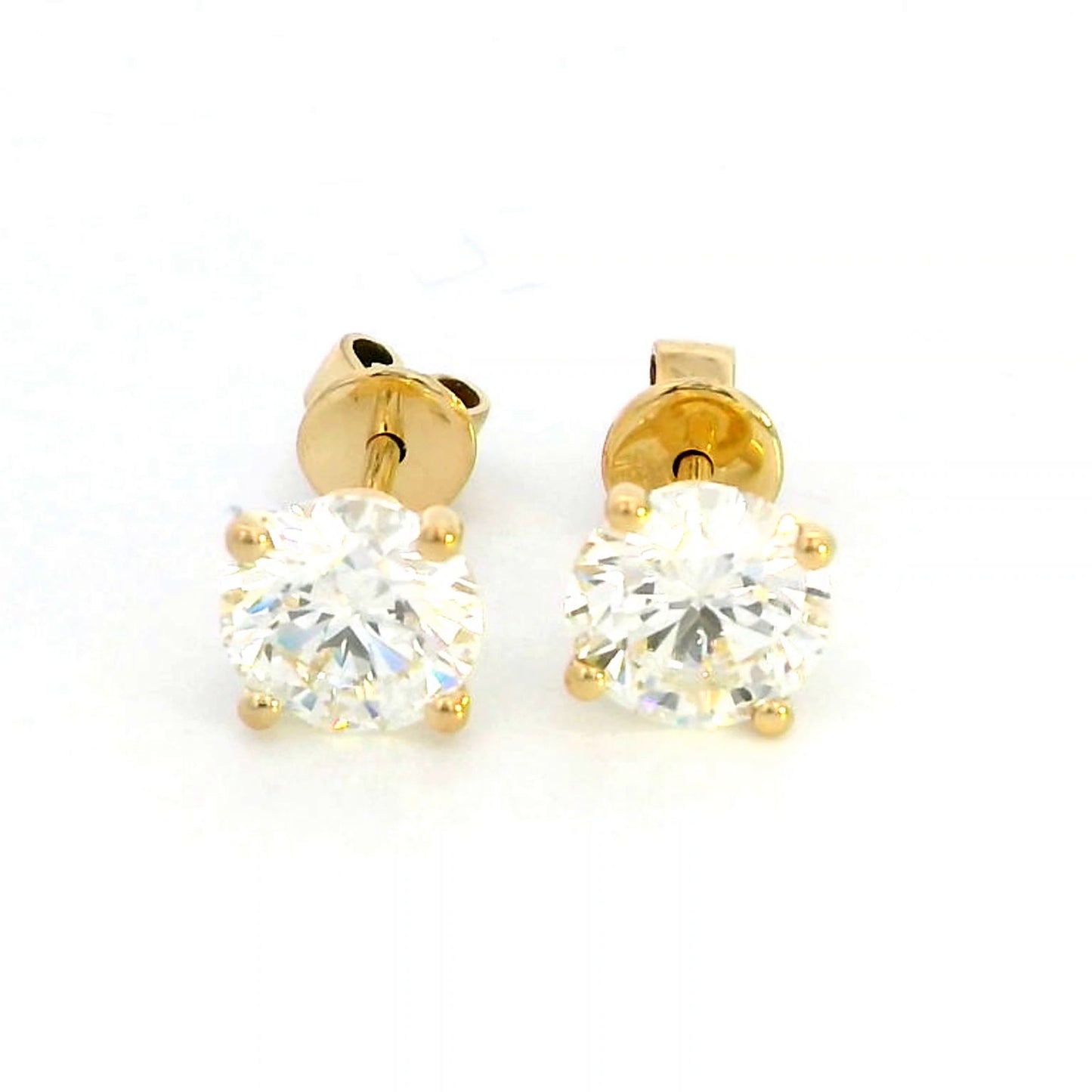 18K Yellow Gold Solitaire Diamond Earrings with 2.02 Carat Round Cut Diamonds