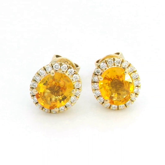 18K Gold Oval Yellow Sapphire Stud Earrings with Diamond Halo