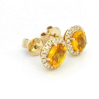 18K Gold Oval Yellow Sapphire Stud Earrings with Diamond Halo