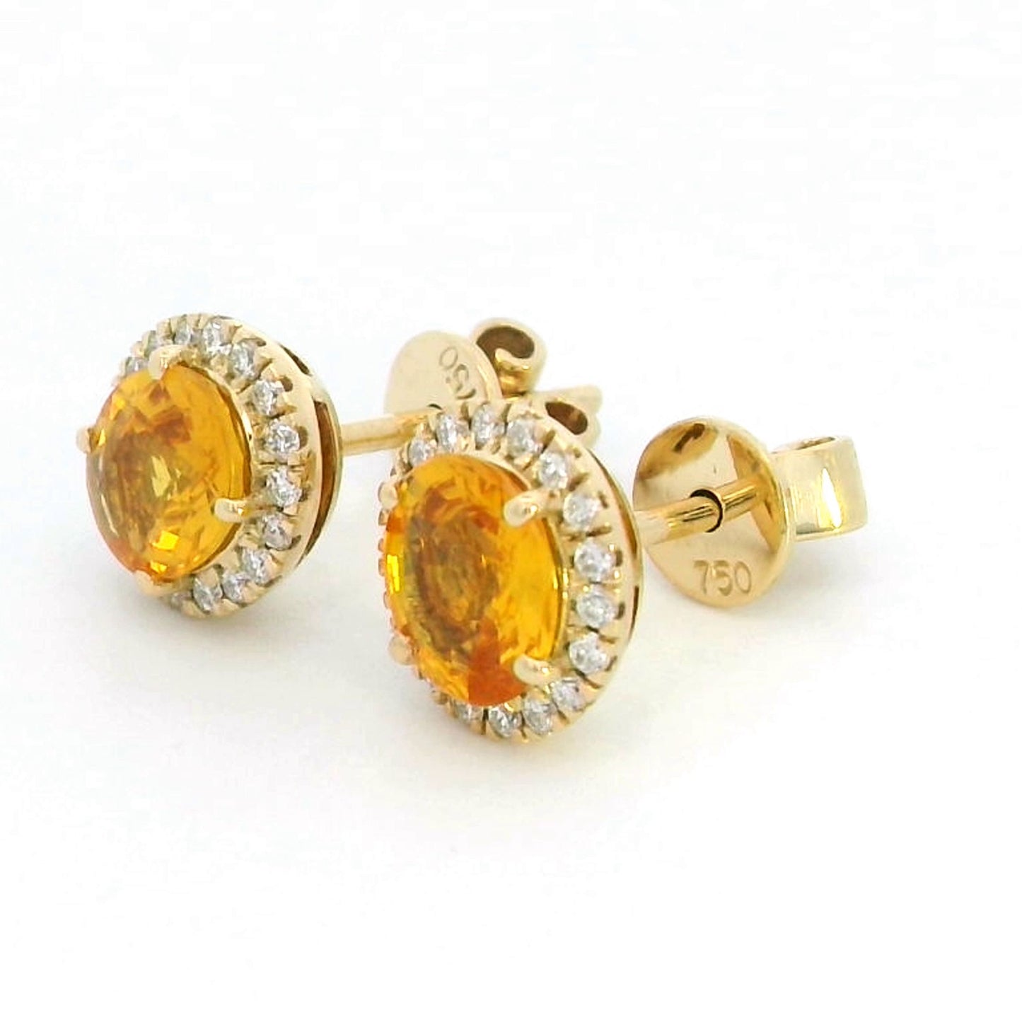 18K Gold Oval Yellow Sapphire Stud Earrings with Diamond Halo