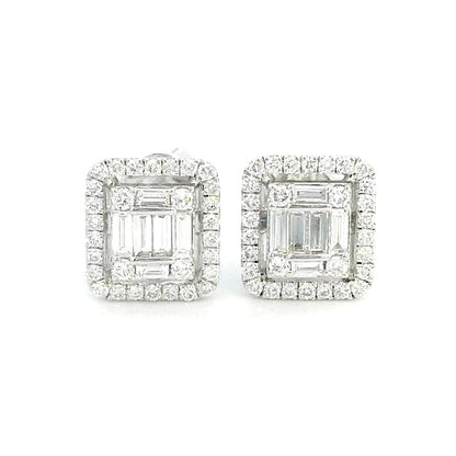 18K Gold Earrings with Round and Baguette Diamonds Framed by a Halo – 0.46 Carats