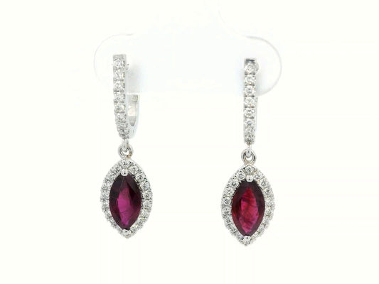 18K Gold Marquise Ruby and Diamond Halo Drop Earrings - 1.72ct Ruby