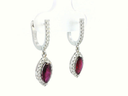 18K Gold Marquise Ruby and Diamond Halo Drop Earrings - 1.72ct Ruby