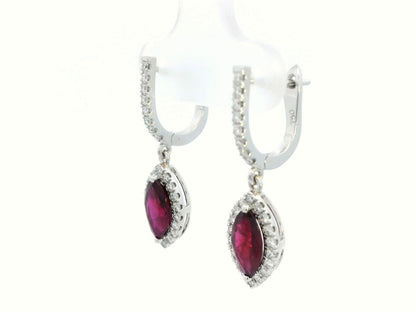 18K Gold Marquise Ruby and Diamond Halo Drop Earrings - 1.72ct Ruby