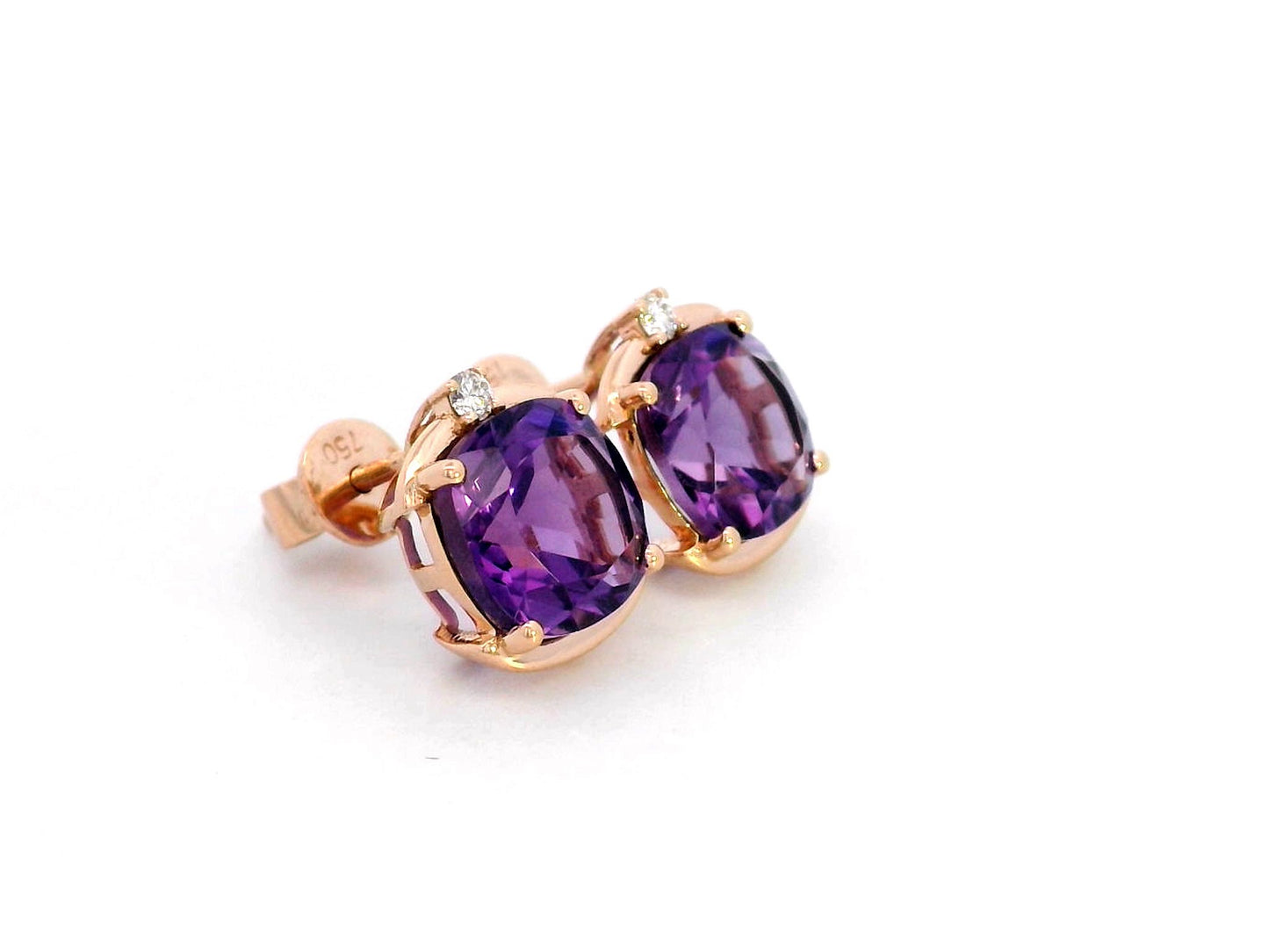 18K gold cushion-cut amethyst stud earrings featuring vibrant 3.99-carat amethysts with diamond accents totaling 0.05 carat.