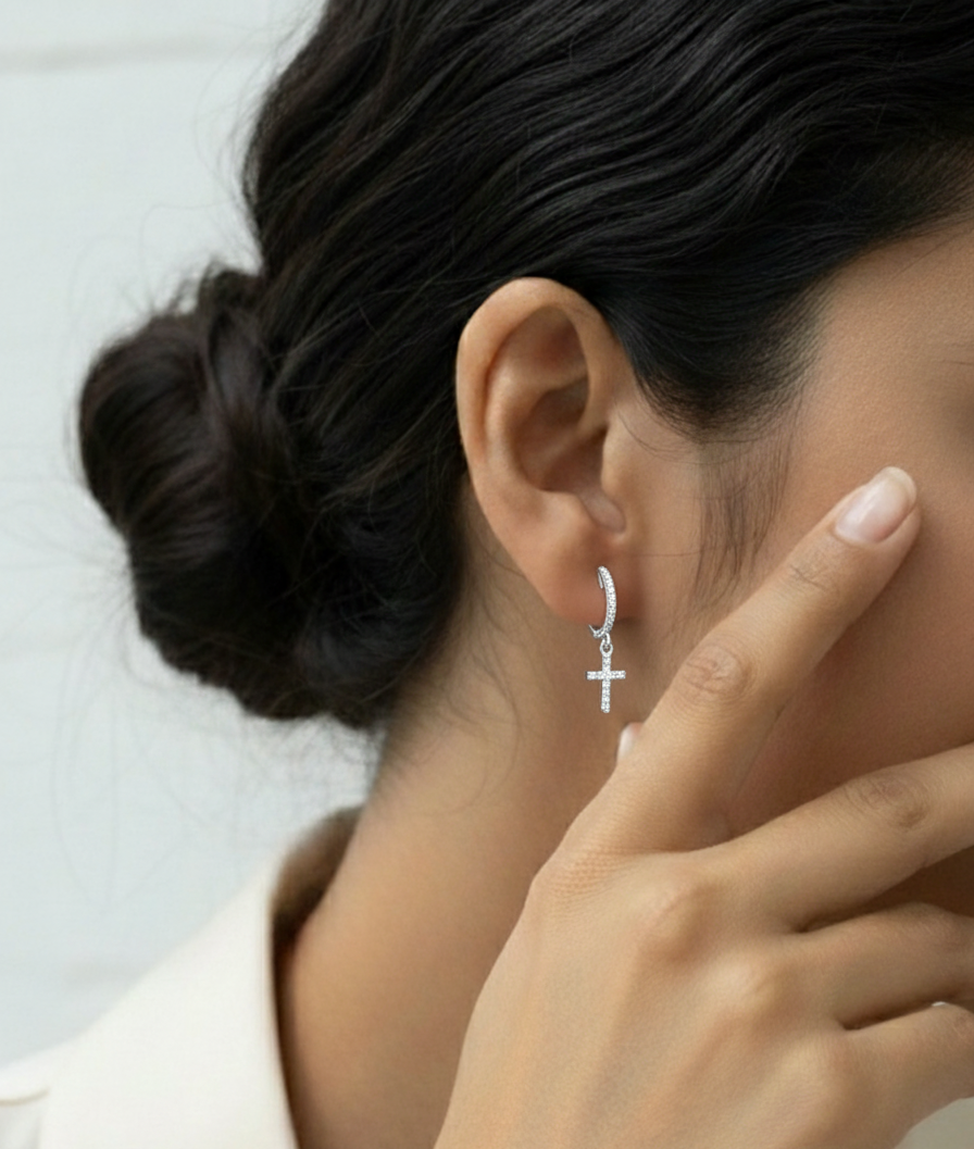 18K white gold diamond cross drop hoop earrings with pavé diamonds – fine jewelry by Emirates Diamonds